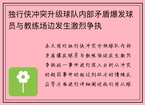 独行侠冲突升级球队内部矛盾爆发球员与教练场边发生激烈争执