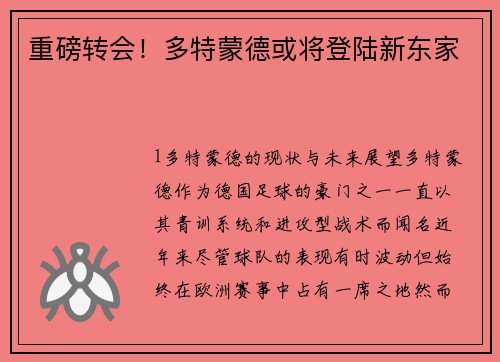 重磅转会！多特蒙德或将登陆新东家